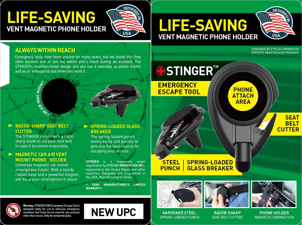Stinger Car Vent Mount Magnetic Phone Holder Emergency Tool (White)