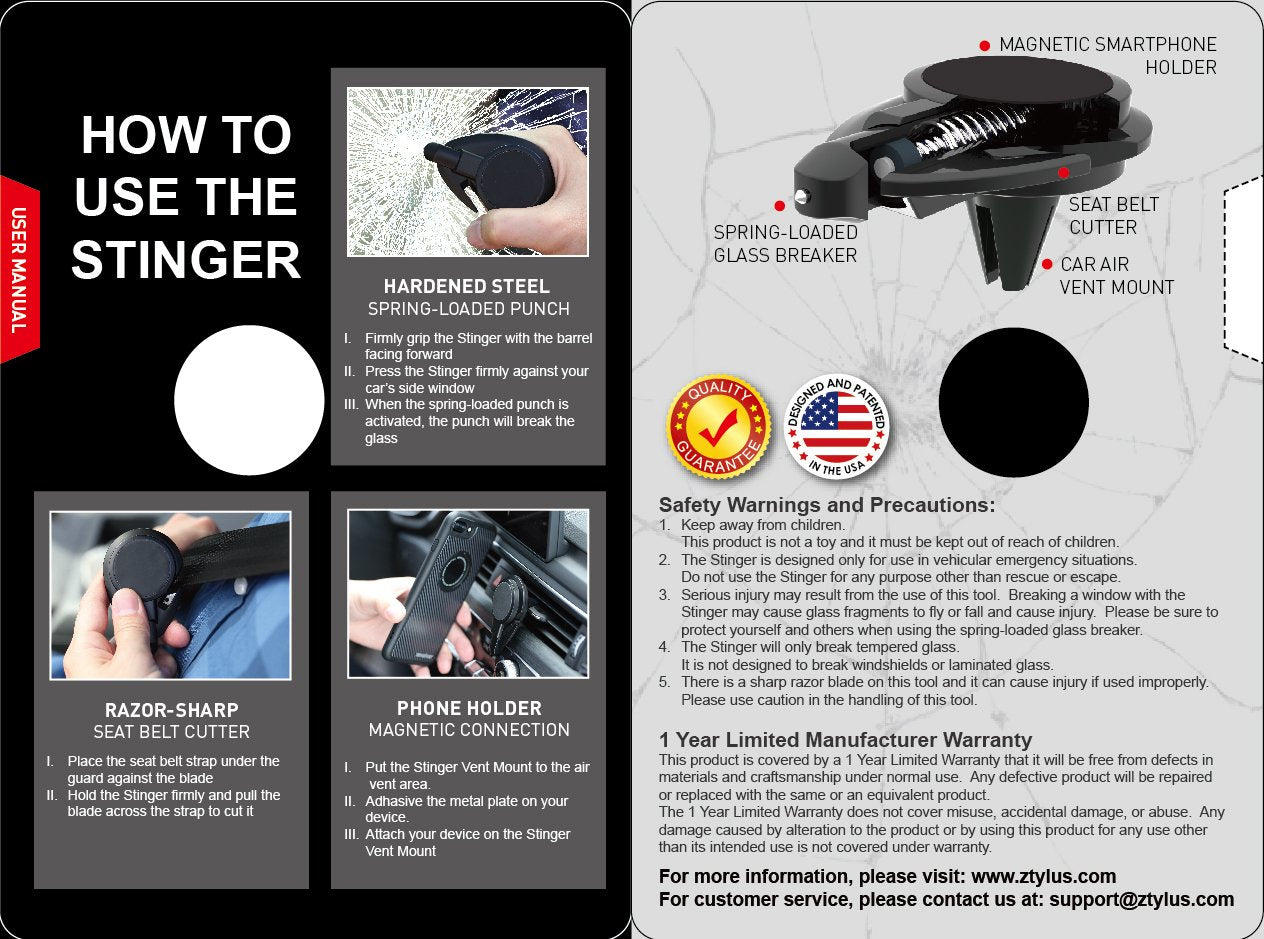 Stinger Car Vent Mount Magnetic Phone Holder Emergency Tool (Black)
