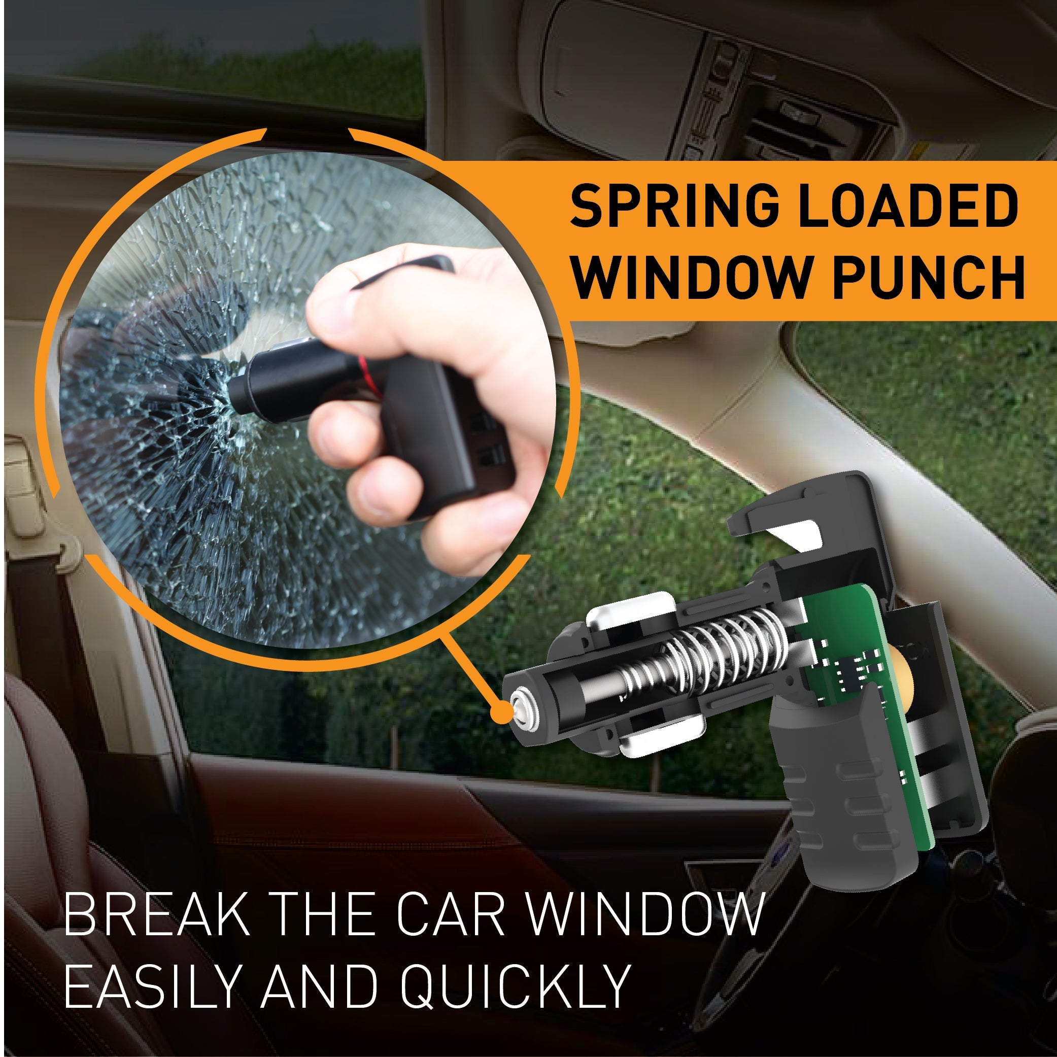 Stinger USB Car Charger Emergency Tool, Seatbelt Cutter, Spring-Loaded Car Window Breaker (Red Punisher)