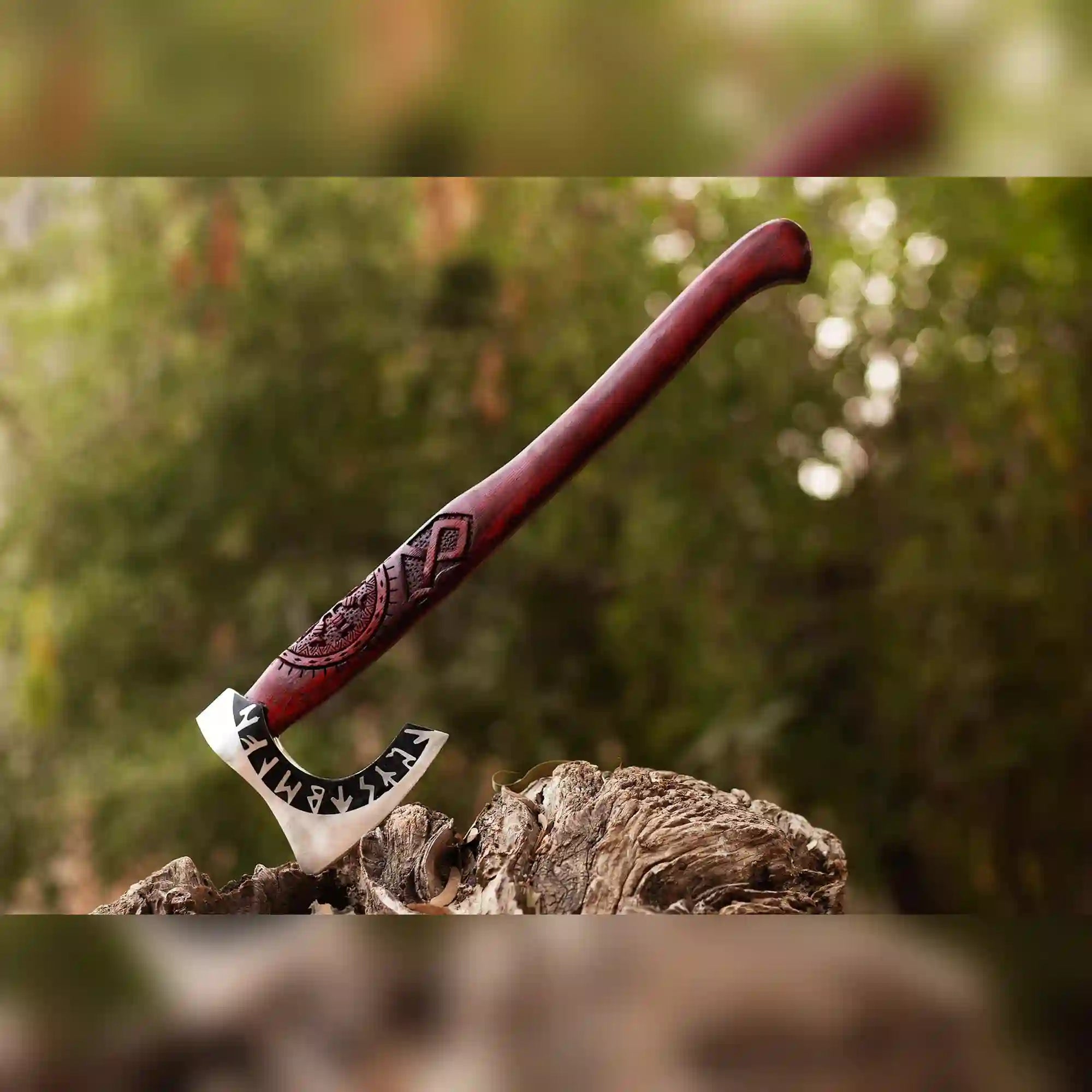 Runic Viking Axe – Hand-Forged 1075 Steel Bearded Axe with Long Ash Handle