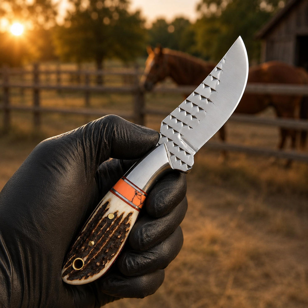 Western Belt Knife D2 Rasp Steel Stag Horn Handle